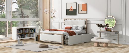 Queen Size Upholstered Platform Bed with Nailhead Decoration and 4 Drawers