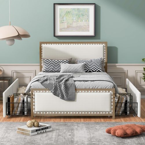 Full Size Upholstered Platform Bed with Nailhead Decoration and 4 Drawers
