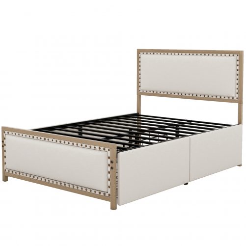 Full Size Upholstered Platform Bed with Nailhead Decoration and 4 Drawers