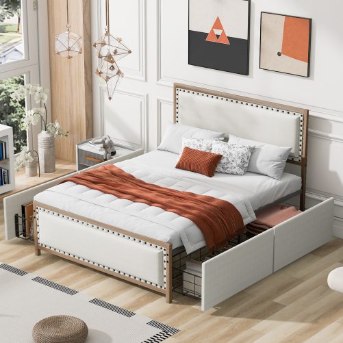 Queen Size Upholstered Platform Bed with Nailhead Decoration and 4 Drawers