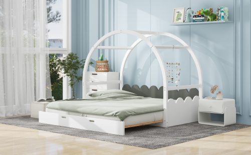 Twin Size Stretchable Vaulted Roof Bed, Children's Bed Pine Wood Frame