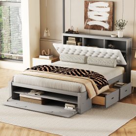 Wood Queen Size Platform Bed With Storage Headboard, Shoe Rack And 4 Drawers