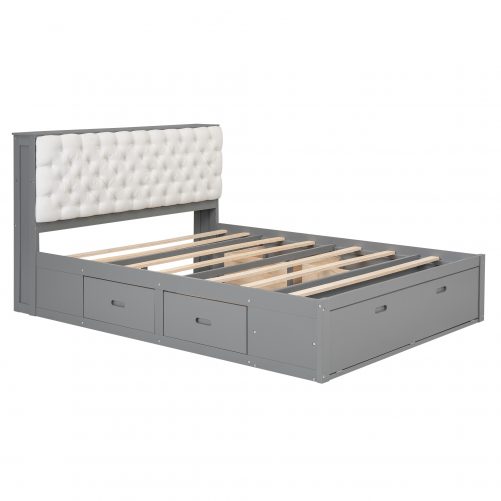 Wood Queen Size Platform Bed With Storage Headboard, Shoe Rack And 4 Drawers