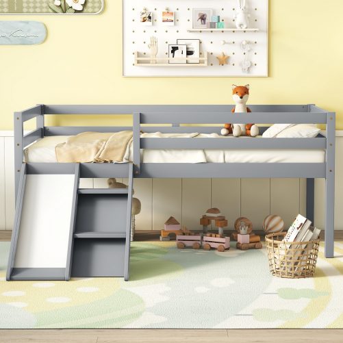 Twin Low Loft Bed with Slide, Ladder, Safety Guardrails, No Box Spring Needed