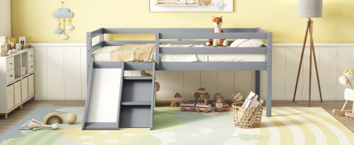 Twin Low Loft Bed with Slide, Ladder, Safety Guardrails, No Box Spring Needed