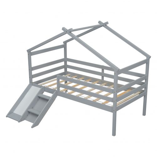 Twin Low Loft House Bed with Slide, Ladder, Safety Guardrails