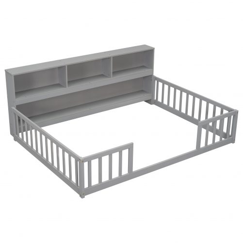 Full Size Floor Bed With Bedside Bookcase, Shelves and Guardrails