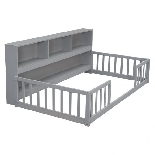 Twin Size Floor Bed With  Bedside Bookcase, Shelves and Guardrails