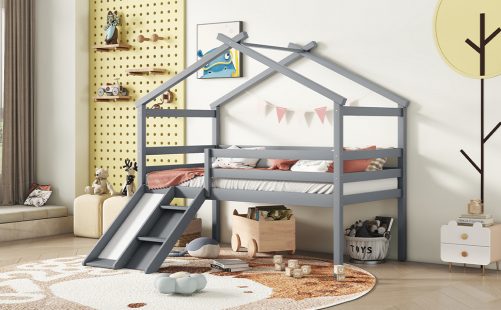 Twin Low Loft House Bed with Slide, Ladder, Safety Guardrails