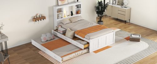 Twin Size Platform Bed with Storage Headboard, Charging Station, Twin Size Trundle and 3 Drawers