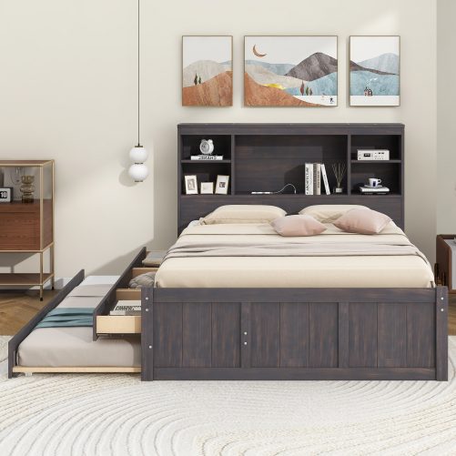 Full Size Platform Bed with Storage Headboard, Charging Station, Twin Size Trundle and 3 Drawers