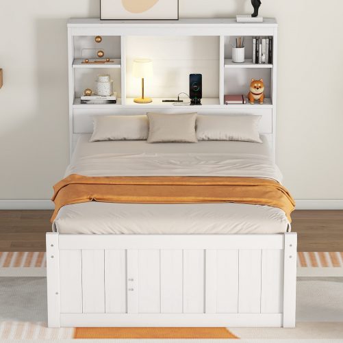 Twin Size Platform Bed with Storage Headboard, Charging Station, Twin Size Trundle and 3 Drawers