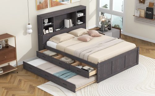 Full Size Platform Bed with Storage Headboard, Charging Station, Twin Size Trundle and 3 Drawers