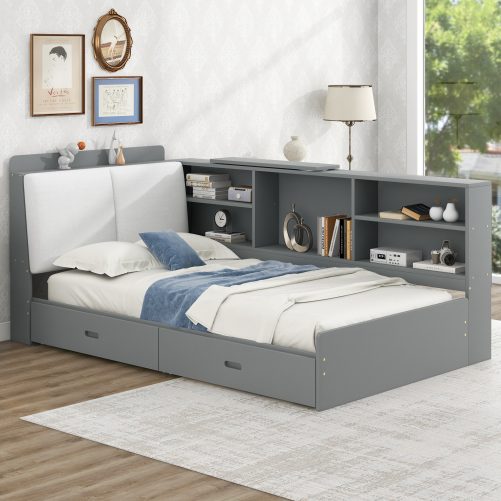 Wood Twin Size Platform bed with Storage Headboard, Shelves and 2 Drawers