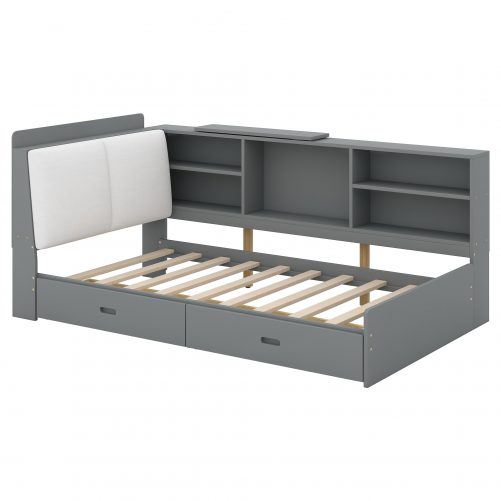 Wood Twin Size Platform bed with Storage Headboard, Shelves and 2 Drawers