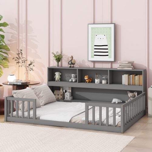 Full Size Floor Bed With Bedside Bookcase, Shelves and Guardrails