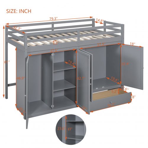 Twin Size Loft Bed With Drawer, Two Wardrobes And Mirror
