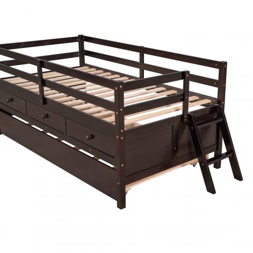 Low Loft Bed Twin Size With Full Safety Fence, Climbing Ladder, Storage Drawers And Trundle