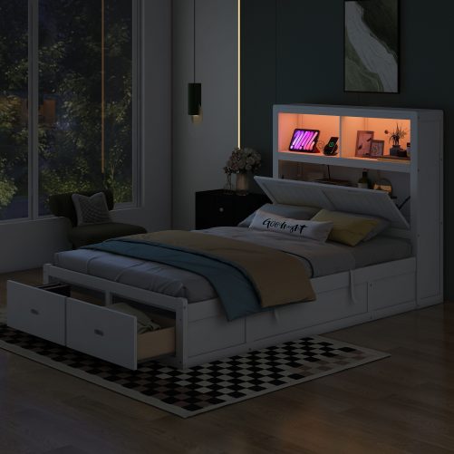 Wood Full Size Hydraulic Platform Bed with Storage LED Headboard, Charging Station and 2 Drawers