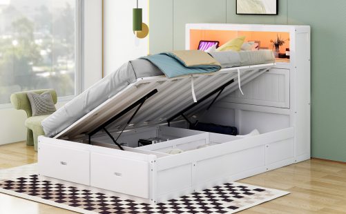 Wood Full Size Hydraulic Platform Bed with Storage LED Headboard, Charging Station and 2 Drawers