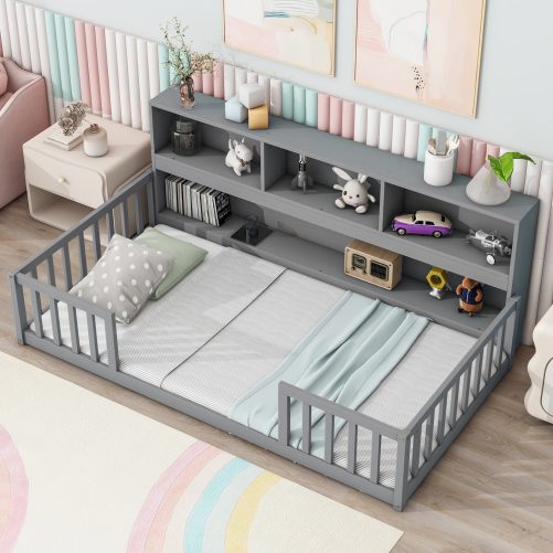 Twin Size Floor Bed With  Bedside Bookcase, Shelves and Guardrails