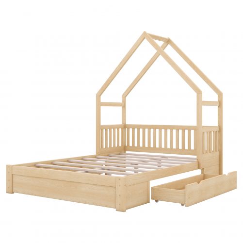 Wood Queen Size House Platform Bed with Guardrail and 2 Drawers