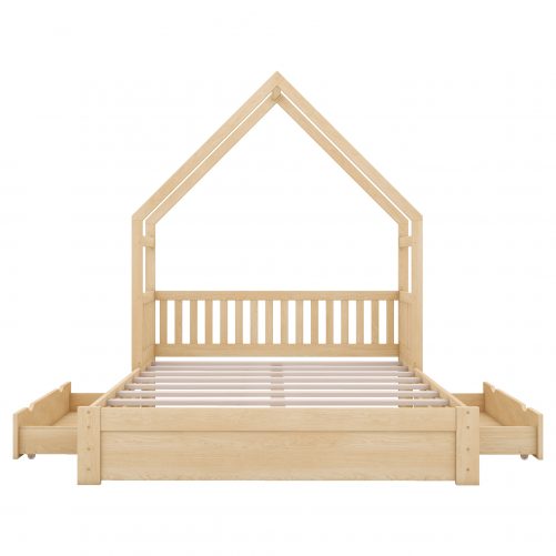 Wood Queen Size House Platform Bed with Guardrail and 2 Drawers