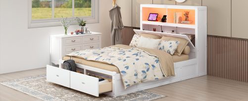Wood Queen Size Hydraulic Platform Bed with Storage LED Headboard, Charging Station and 2 Drawers