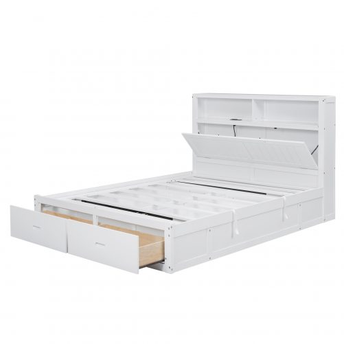 Wood Queen Size Hydraulic Platform Bed with Storage LED Headboard, Charging Station and 2 Drawers