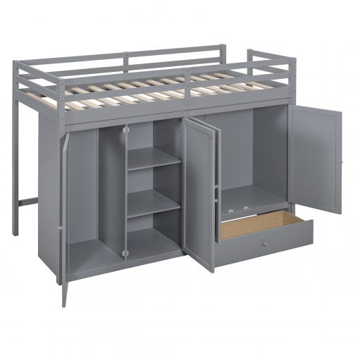 Twin Size Loft Bed With Drawer, Two Wardrobes And Mirror