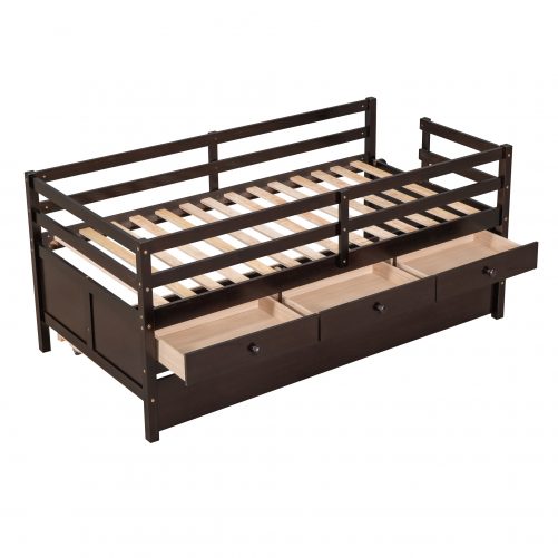 Low Loft Bed Twin Size With Full Safety Fence, Climbing Ladder, Storage Drawers And Trundle
