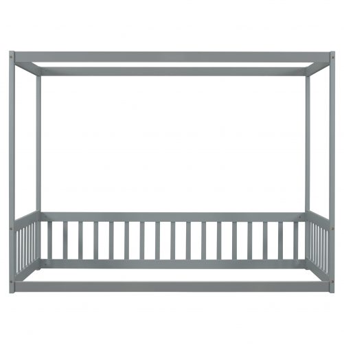 Twin Size Canopy Frame Floor Bed with Fence, Guardrails