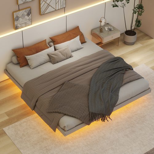King Size Floating Bed with LED Lights Underneath