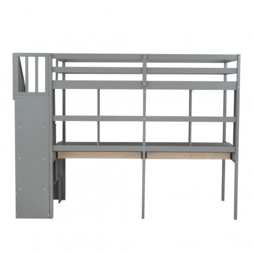Twin Size Loft Bed Frame with Storage Staircase and Double Desks and Shelves