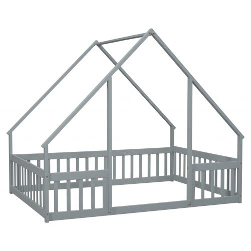 Full Wood House-shaped Floor Bed With Fence, Guardrails