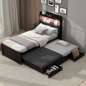 Twin XL Size Platform Bed with Storage LED Headboard, Charging Station, Twin Size Trundle and 2 Drawers