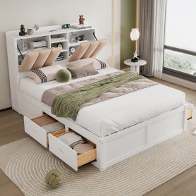 Wood Full Size Platform Bed with Storage Headboard and 4 Drawers