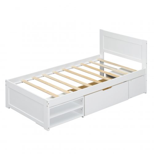 Twin Size Platform Bed With Drawer And Two Shelves