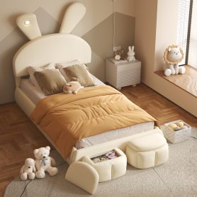 Twin Size Upholstered Platform Bed with Cartoon Ears Shaped Headboard and Light