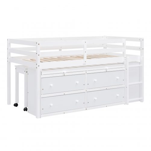 Twin Size Loft Bed with Retractable Writing Desk and 4 Drawers