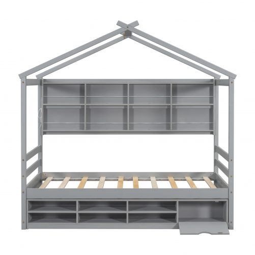 Twin Size House Bed With Roof Frame, Bedside-shelves, Under Bed Storage Unit