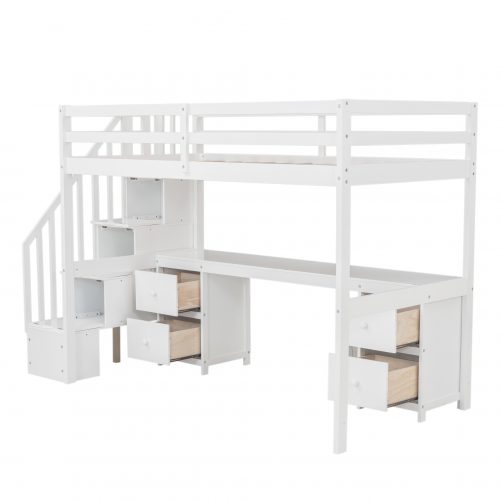 Twin Size Loft Bed Frame with Built-in Desk and Double Storage Drawers