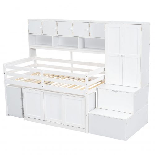 Twin Size Wooden Loft Bed Big Storage With Under-Bed Desk, Drawers and Shelves