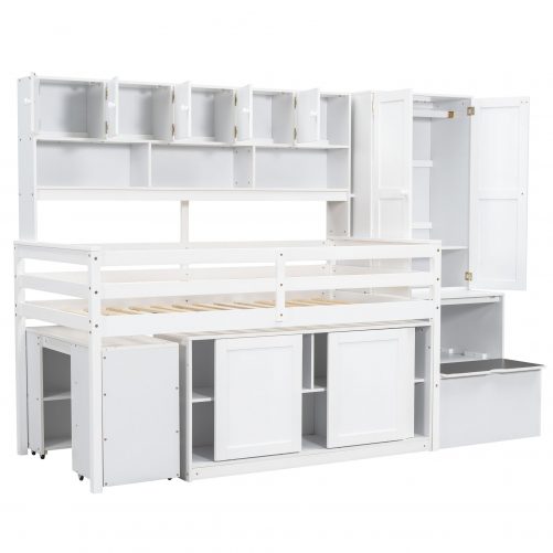 Twin Size Wooden Loft Bed Big Storage With Under-Bed Desk, Drawers and Shelves