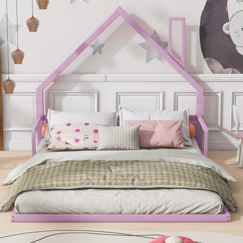 Full Size Metal Floor Bed with House-shaped Headboard