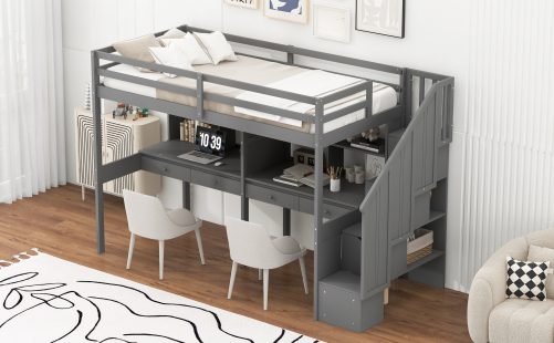 Twin Size Loft Bed Frame with Storage Staircase and Double Desks and Shelves