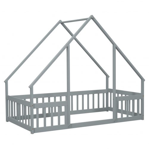 Twin Wood House-shaped Floor Bed With Fence, Guardrails