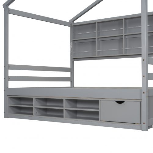 Full Size House Bed With Roof Frame, Bedside-shelves, Under Bed Storage Unit