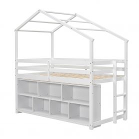 Twin House Loft Bed with Roof Frame, Under Bed Shelving Storage Unit, Guardrails, Ladder