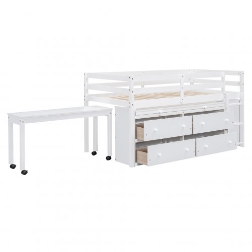 Twin Size Loft Bed with Retractable Writing Desk and 4 Drawers